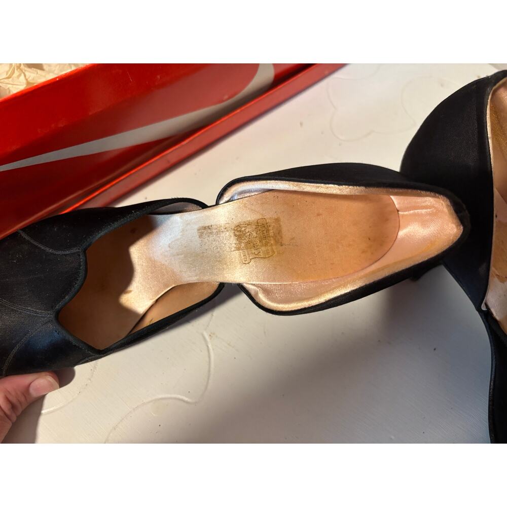 Vintage Black Satin Daniel Green 1940’s Boudoir Slipper Heels - Picture 6 of 11